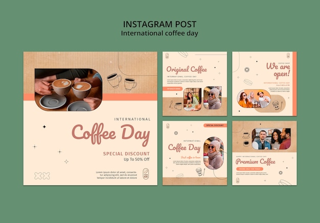 PSD gratuito publicaciones de instagram del día internacional del café.