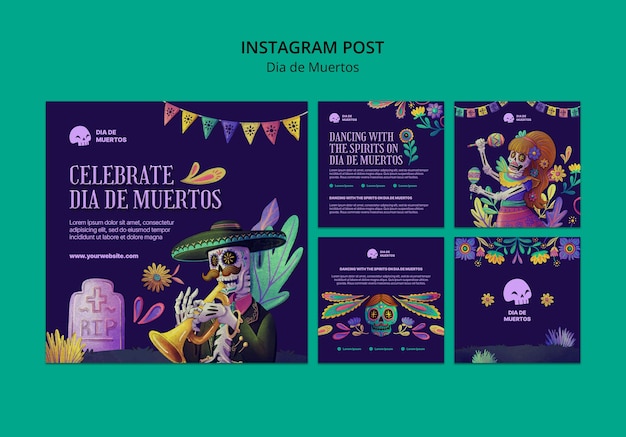 PSD gratuito publicaciones de instagram de dia de muertos dibujadas a mano