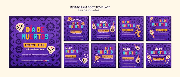 PSD gratuito publicaciones de instagram de día de muertos de diseño plano