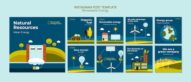 Publicaciones de instagram de energía renovable de diseño plano
