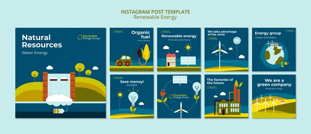 Publicaciones de instagram de energía renovable de diseño plano