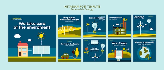 Publicaciones de instagram de energía renovable de diseño plano