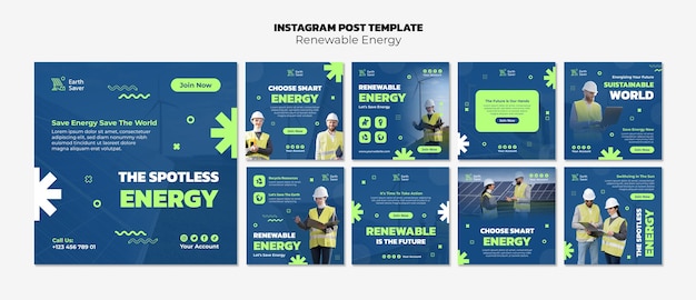 Publicaciones de instagram de energía renovable de diseño plano