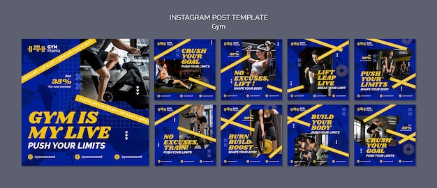 Publicaciones de instagram de entrenamiento de gimnasio de diseño plano