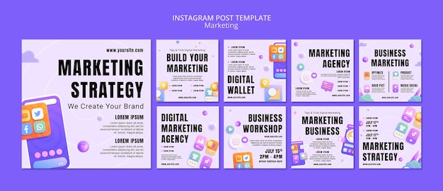 PSD gratuito publicaciones de instagram de estrategia de marketing degradado