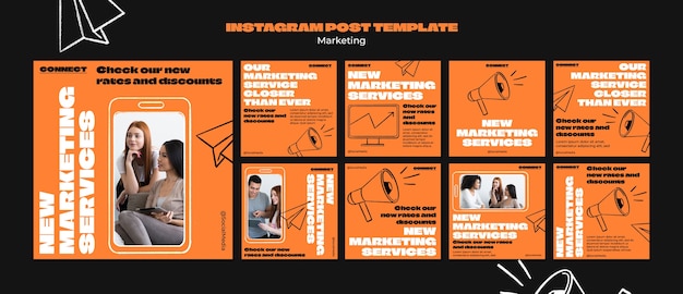 PSD gratuito publicaciones de instagram de estrategia de marketing dibujadas a mano