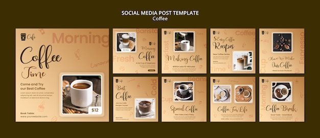 PSD gratuito publicaciones de instagram de etiqueta de café de diseño plano