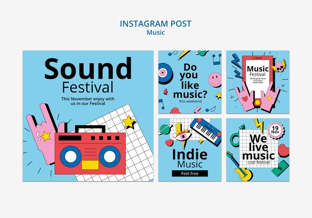 Publicaciones de instagram de festival de música de diseño plano