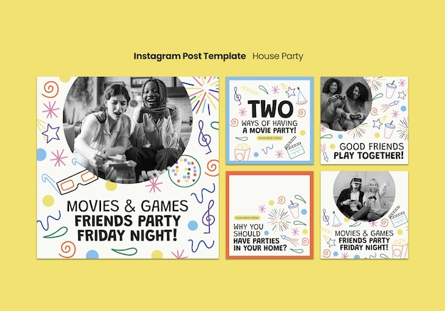 PSD gratuito publicaciones de instagram de fiesta en casa dibujadas a mano