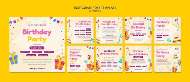 Publicaciones de instagram de fiesta de cumpleaños de diseño plano