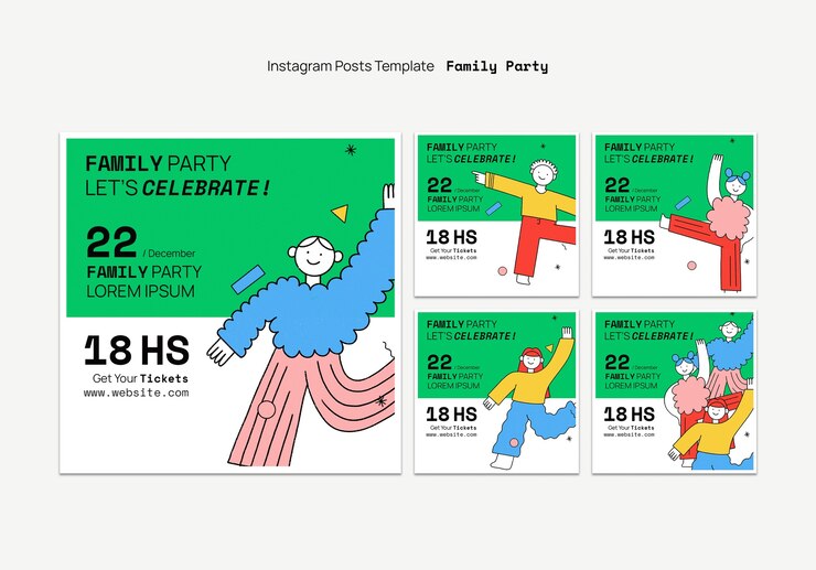 PSD gratuito publicaciones de instagram de fiesta familiar dibujadas a mano