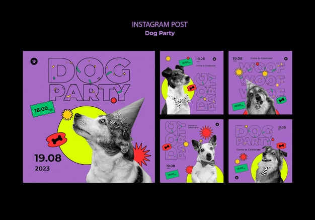 PSD gratuito publicaciones de instagram de fiesta de perros de diseño plano