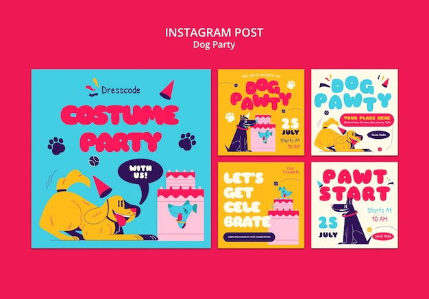 PSD gratuito publicaciones de instagram de fiesta de perros de diseño plano