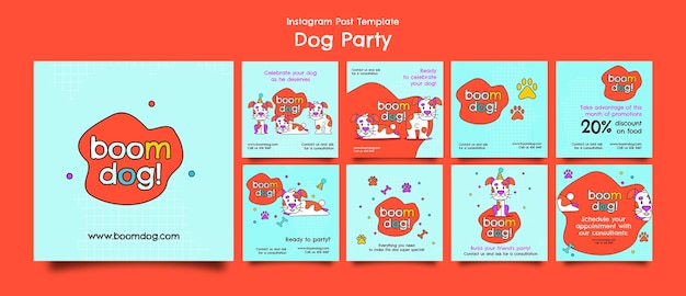 PSD gratuito publicaciones de instagram de fiesta de perros de diseño plano