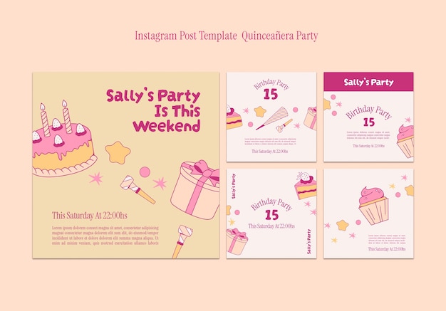 PSD gratuito publicaciones de instagram de fiesta de quinceañera de diseño plano