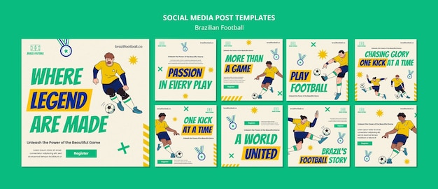 PSD gratuito publicaciones de instagram de fútbol brasileño de diseño plano.