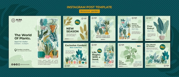 PSD gratuito publicaciones de instagram de jardín botánico dibujadas a mano