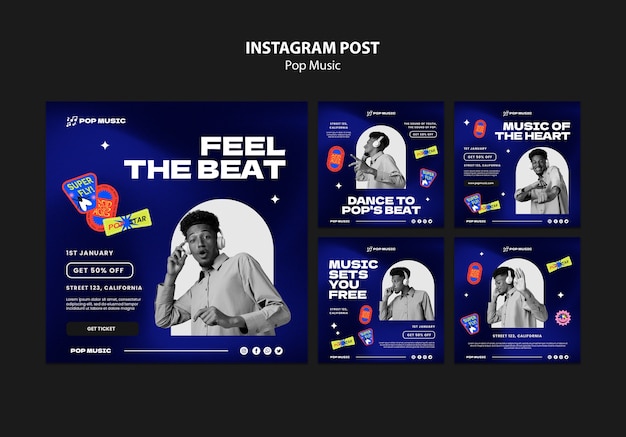 PSD gratuito publicaciones de instagram de música pop degradado