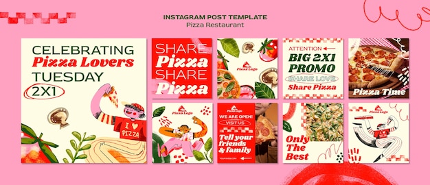 PSD gratuito publicaciones de instagram de pizzería dibujadas a mano