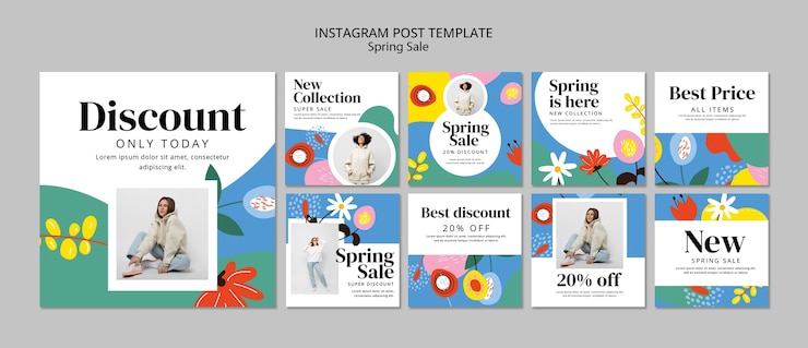 PSD gratuito publicaciones de instagram de rebajas de primavera de diseño plano