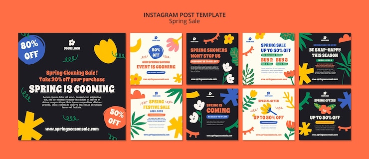 PSD gratuito publicaciones de instagram de rebajas de primavera de diseño plano