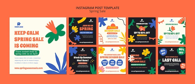 PSD gratuito publicaciones de instagram de rebajas de primavera de diseño plano