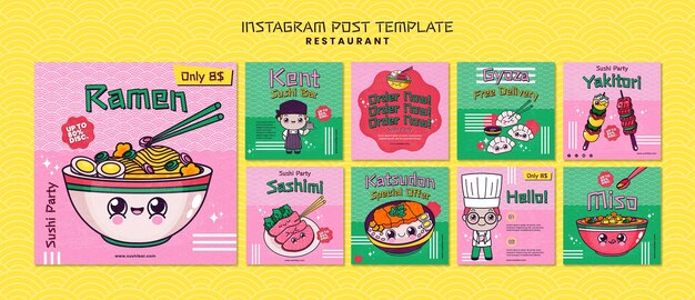 Publicaciones de instagram de restaurante asiático dibujadas a mano