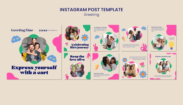 Publicaciones de instagram de saludo de diseño plano.