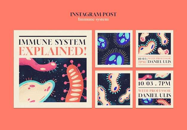 Publicaciones de instagram del sistema inmunológico dibujadas a mano