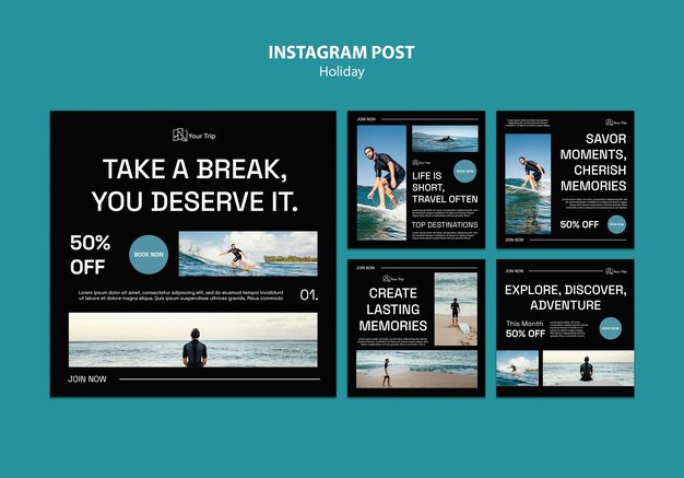 PSD gratuito publicaciones de instagram de vacaciones de diseño plano