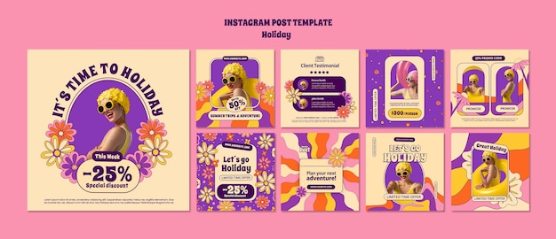 PSD gratuito publicaciones de instagram de vacaciones de diseño plano