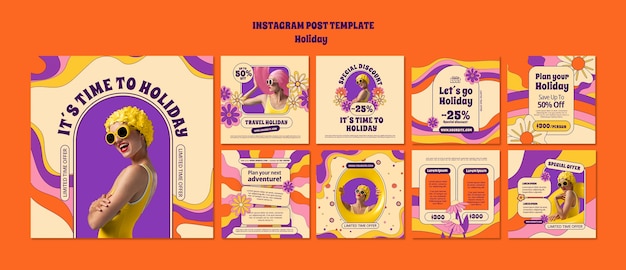 PSD gratuito publicaciones de instagram de vacaciones de diseño plano