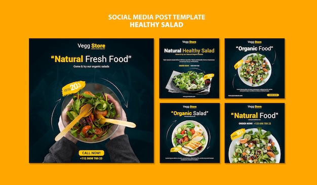 PSD gratuito publicaciones en redes sociales de ensalada saludable