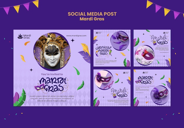 PSD gratuito publicaciones de redes sociales de purple mardi gras