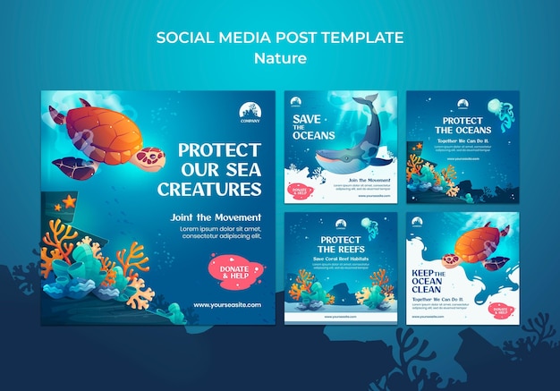 PSD gratuito publicaciones en redes sociales de save the oceans