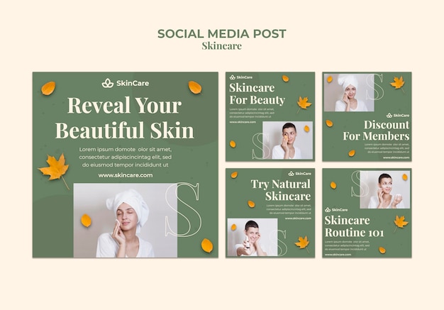 PSD gratuito publicaciones en redes sociales sobre el cuidado de la piel