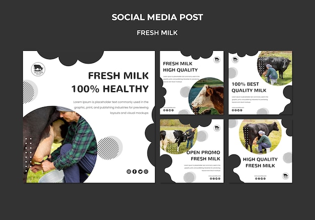 PSD gratuito publicaciones en redes sociales sobre leche fresca