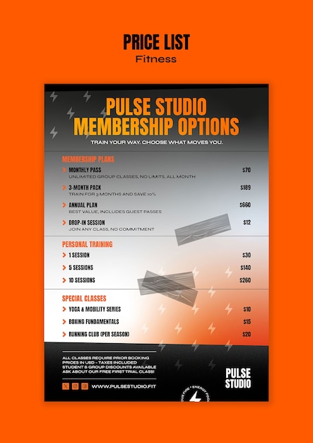 Pulse studio membership options price list template