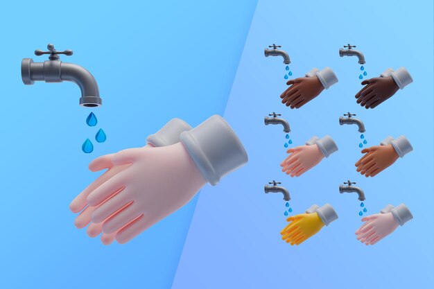 Raccolta 3D con le mani che si lavano sotto l'acqua del rubinetto