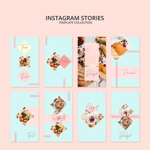 Raccolta di modelli di storie di Instagram con il concetto di colazione