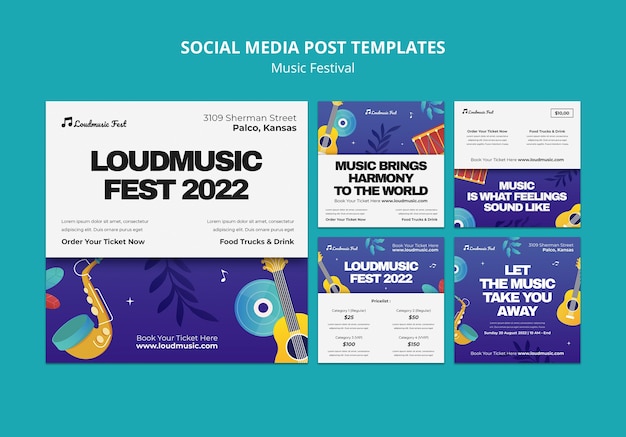 Raccolta di post di instagram del festival musicale con strumenti musicali