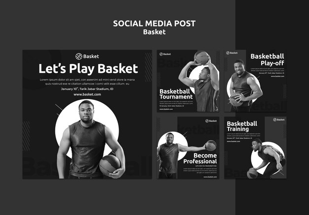 Raccolta di post di Instagram in bianco e nero con atleta di basket maschile
