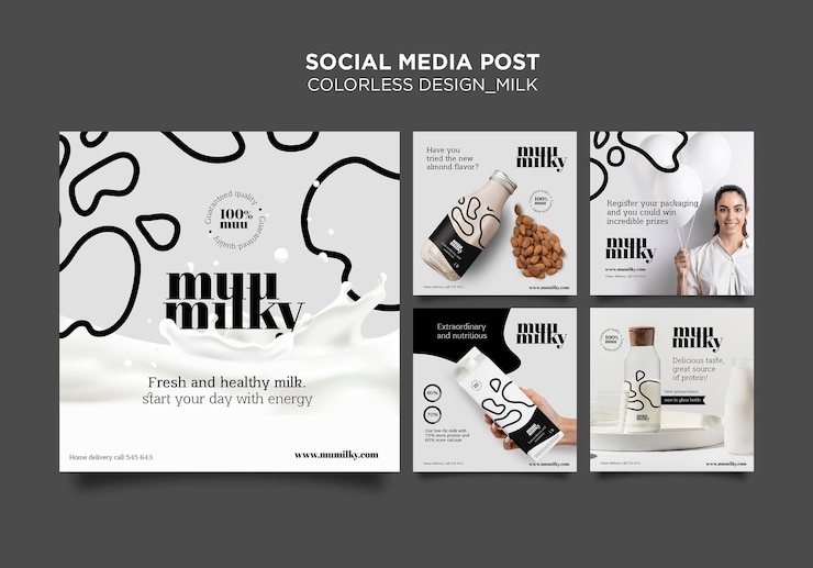 PSD gratuito raccolta di post di instagram per il latte con design incolore