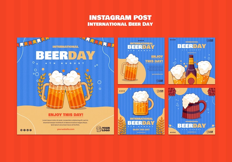 PSD gratuito raccolta di post su instagram per la celebrazione della giornata internazionale della birra