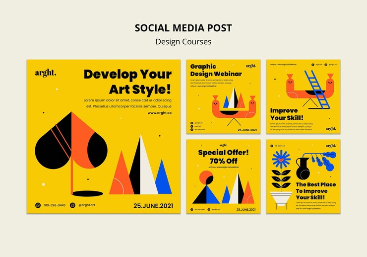 PSD gratuito raccolta di post su instagram per lezioni di graphic design