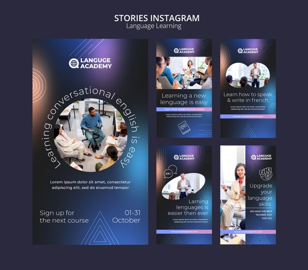 Raccolta di storie di Instagram per l'apprendimento delle lingue con forme di linea