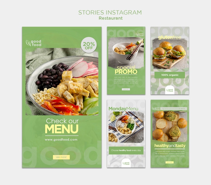 PSD gratuito raccolta di storie di instagram ristorante cibo sano