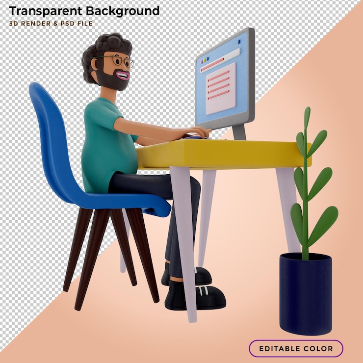 PSD gratuito ragazzo barbuto seduto davanti al computer portatile, l'uomo lavora al computer. libero professionista, rendering 3d, illustrazione 3d