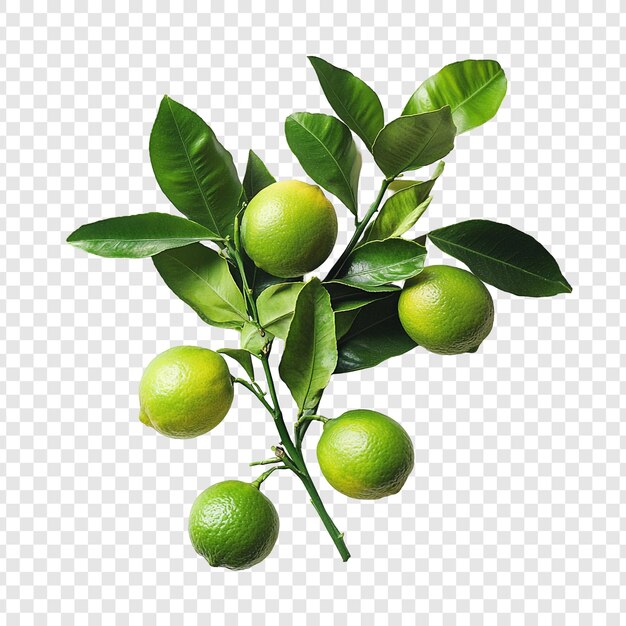 Rama de limas limas frescas y jugosas en una rama verde exuberante aisladas sobre un fondo blanco