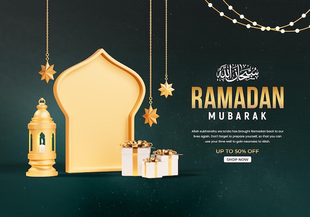 Gratis PSD ramadan kareem-bannersjabloon met 3d-moskee arabische lantaarn en geschenkdoos